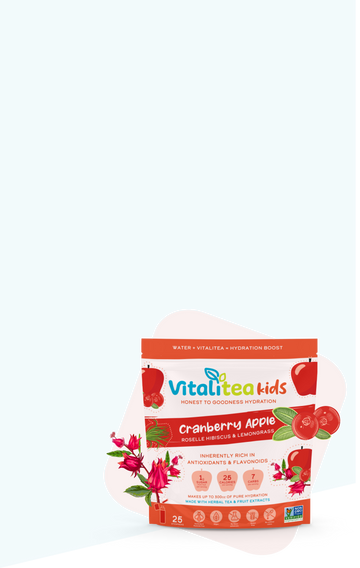 vitalitea kids cranberry apple flavor bag packaging showing the products all natural and healthy ingredients